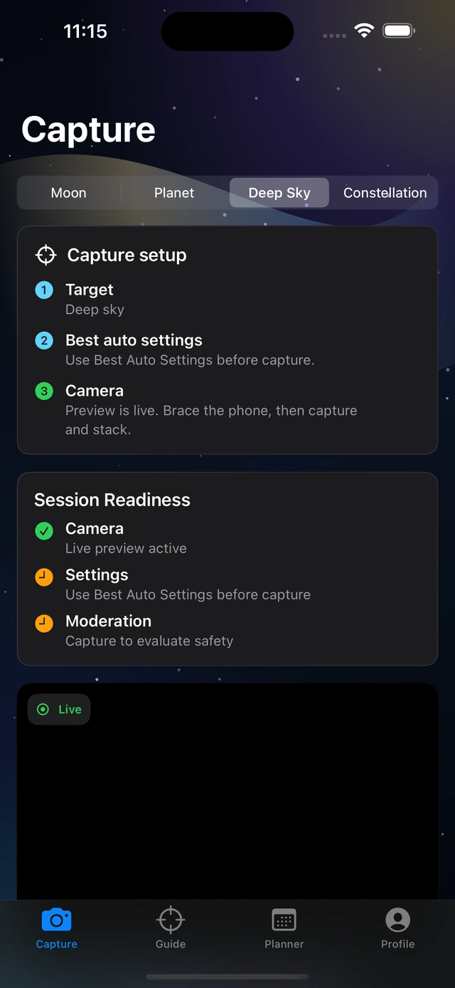 Astrosimo Capture screen showing target type controls and session readiness checks.