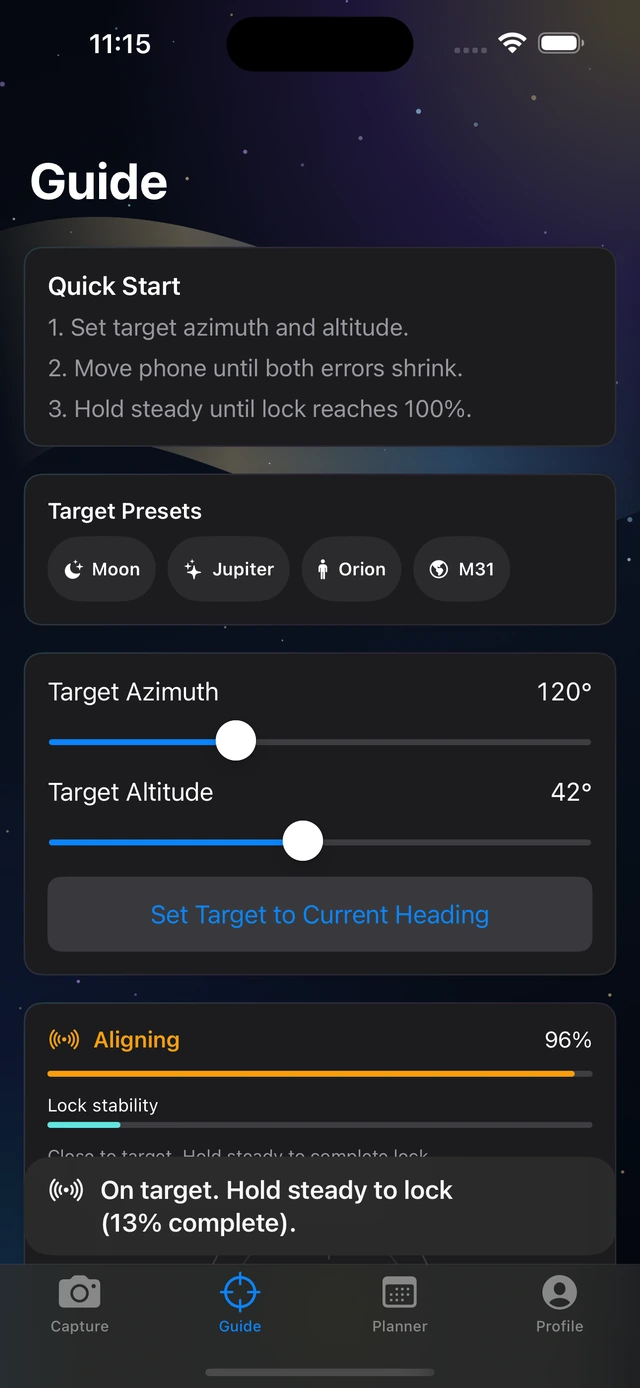 Astrosimo Guide screen showing target presets, azimuth, altitude, and lock stability controls.
