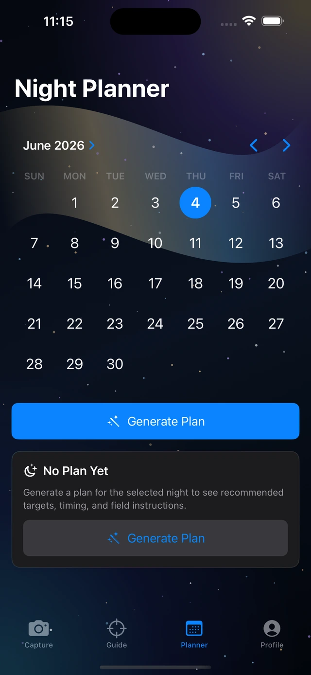 Astrosimo Night Planner screen showing target windows as support for the capture workflow.