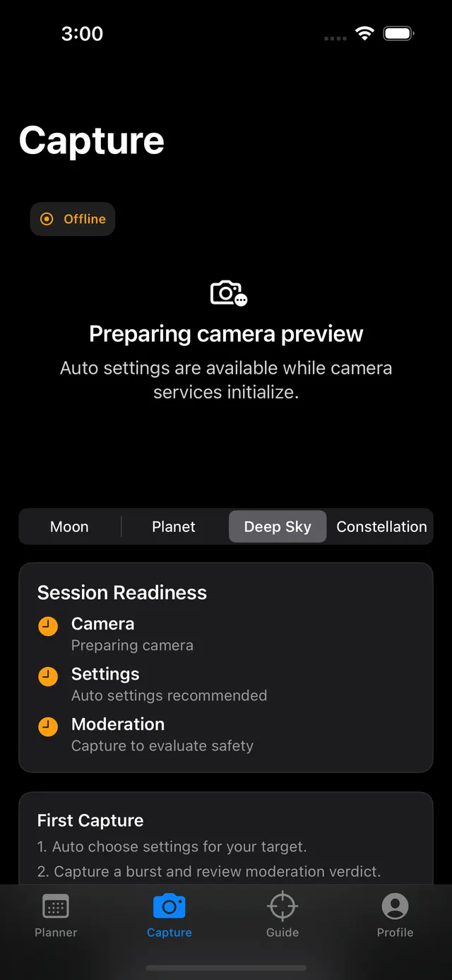 Astrosimo Capture screen showing target type controls and session readiness checks.