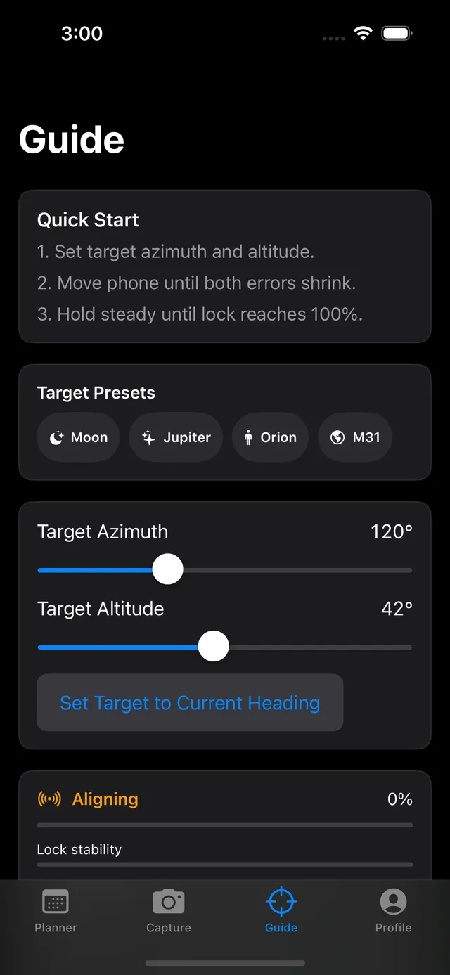 Astrosimo Guide screen showing target presets, azimuth, altitude, and lock stability controls.