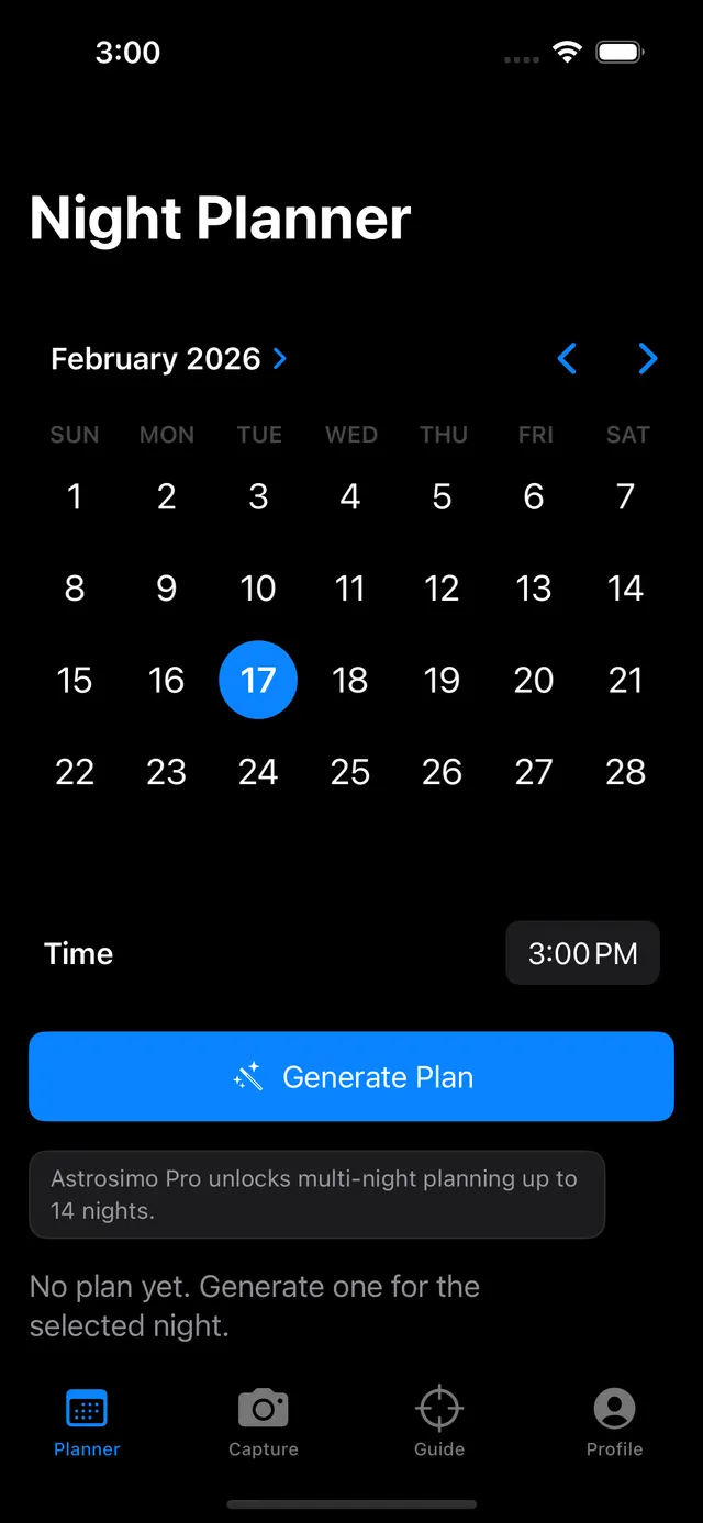 Astrosimo Night Planner screen showing a February 2026 calendar and Generate Plan action.
