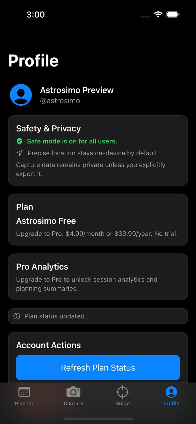 Astrosimo Profile screen showing safety, privacy, plan, and account controls.